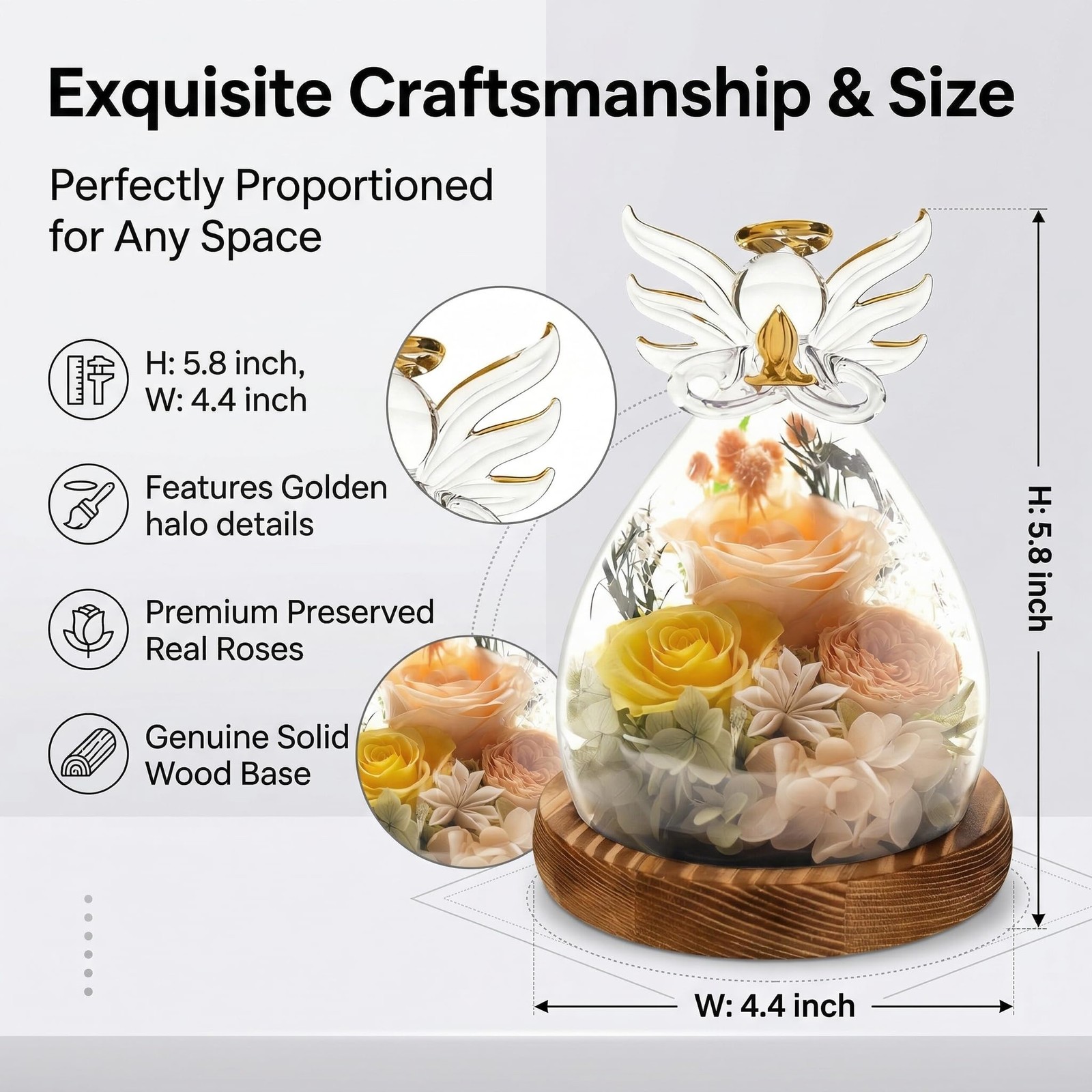Preserved Flower in Glass Angel Figurines – Forever Flowers in Glass Dome – B…