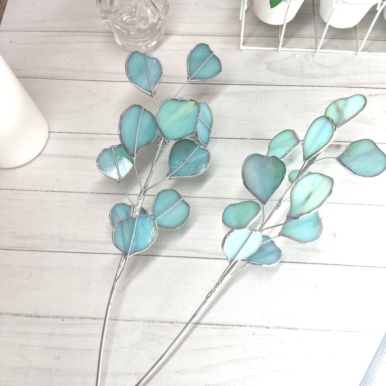 Stained glass eucalyptus branch, glass eucalyptus, plant stake for vase or garde