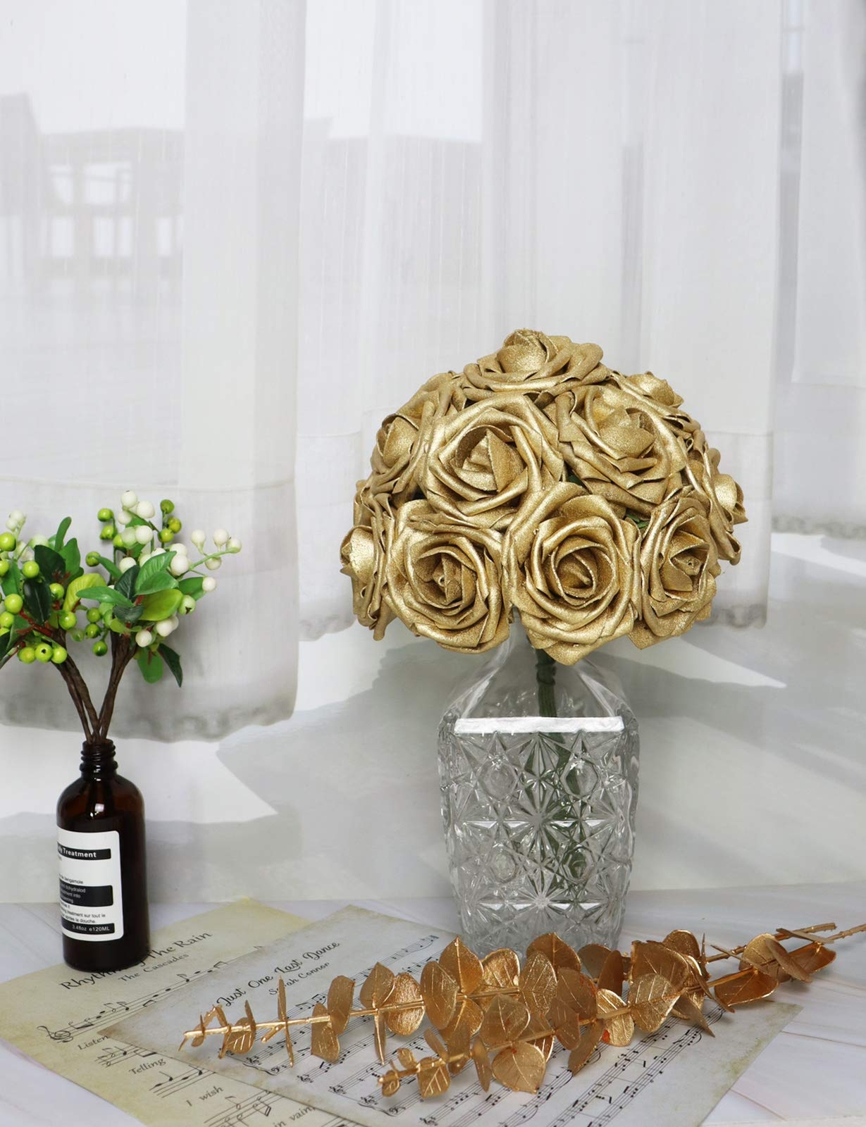 Artificial Flowers 30pcs Gold Rose Real Looking Fake Roses With Stem For Diy Wed