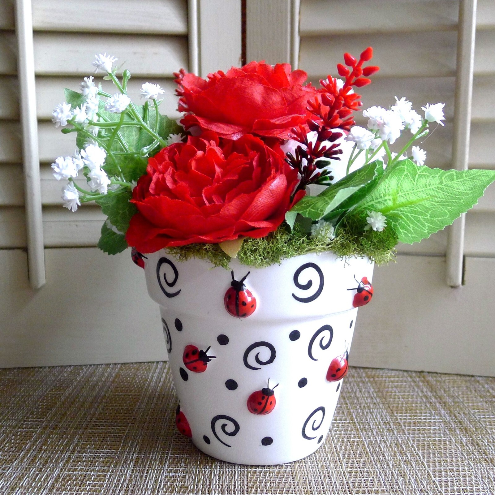 Ladybug Loveliness Flower Arrangement Red and White OOAK Floral Vintage Planter