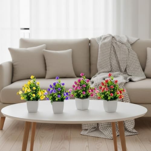 Fake Flowers Packs Artificial Plants Indoor Mini 4 Mix Red Rose Yellow Purple