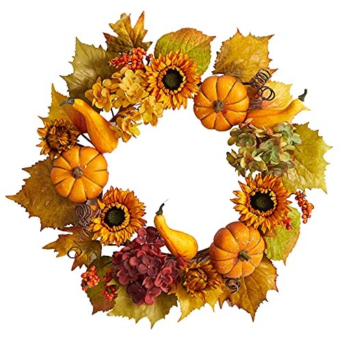 22in. Autumn Hydrangea, Pumpkin and Sunflower Artificial Fall Wreath