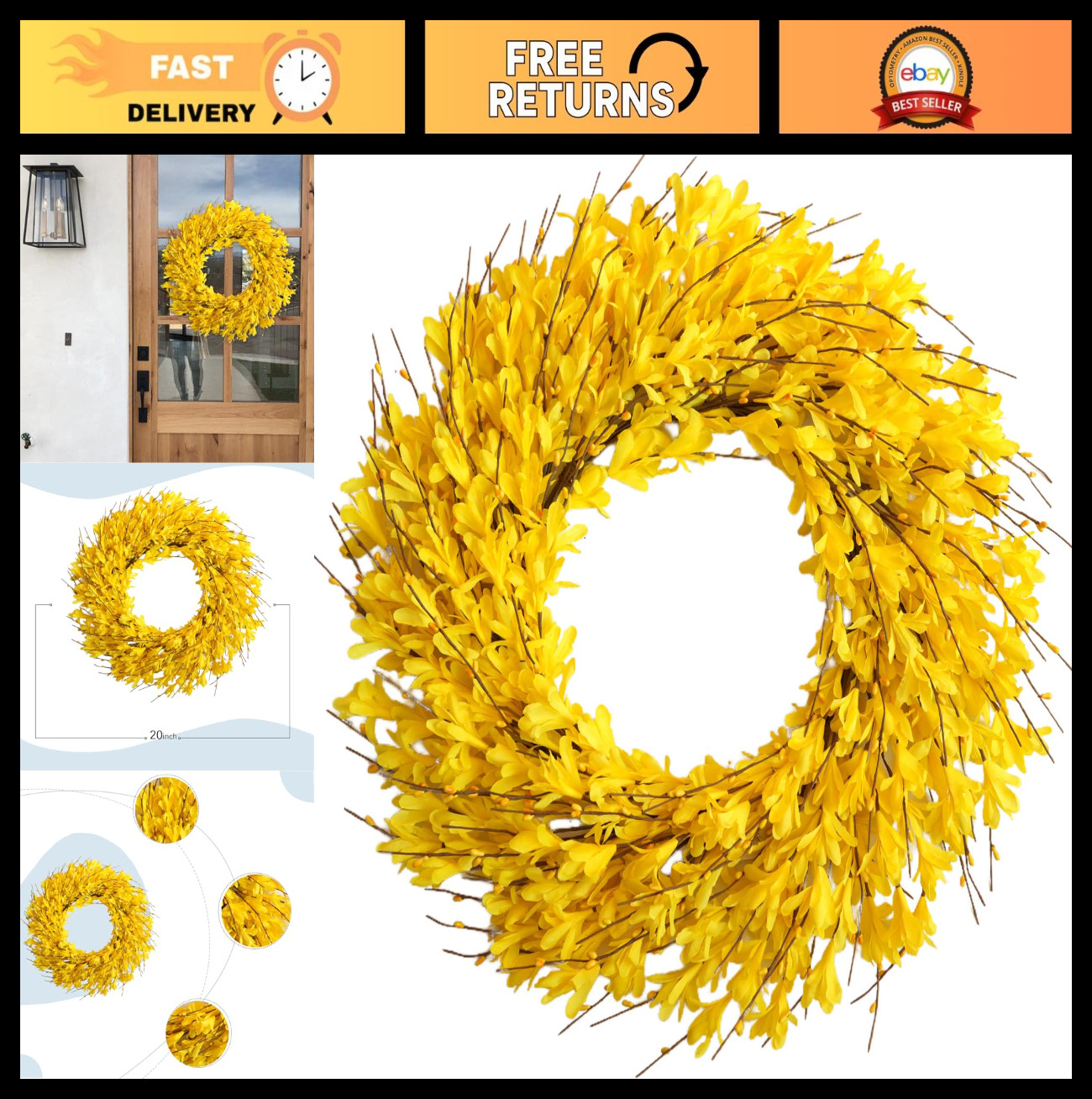 22″ Artificial Forsythia Flower Wreath – Spring Summer Fall Decor for Door, Porc