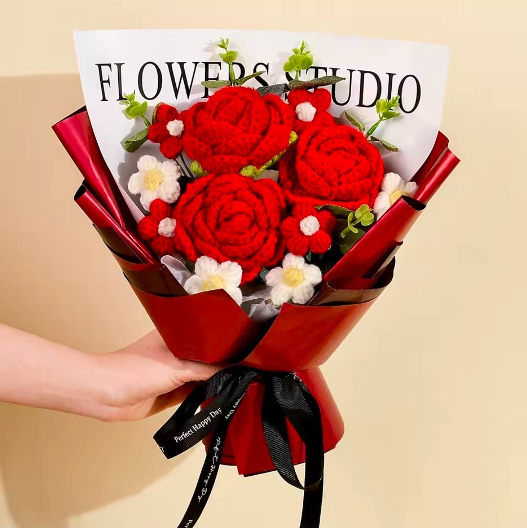 Handmade Crochet Red Rose Flowers Bouquet, Crochet Flower Bouquets for Mother’s