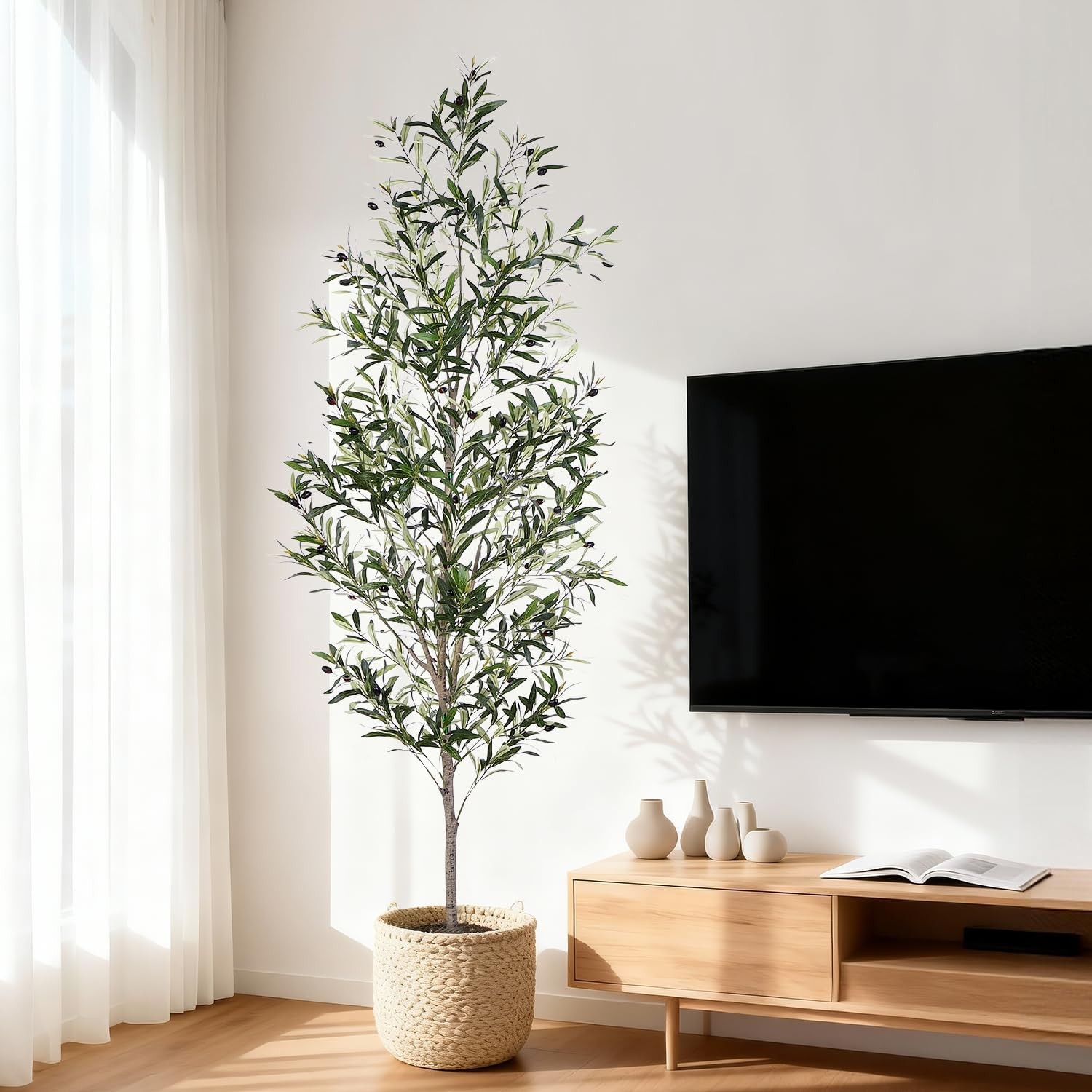Olive Tree, 7FT Artificial Indoor Tall Faux Olive Trees w/Planter & Natural Wood