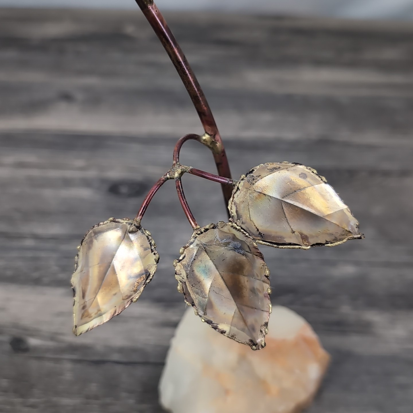 Vintage Tole Wild Rose Sculpture Rock Base Signed 1986 11.5in OOAK Decor