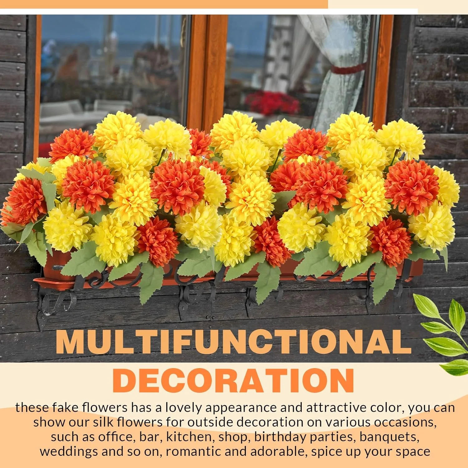 12 Pcs Fall Faux Chrysanthemums for Autumn Garden Decor – Light Yellow & Orange