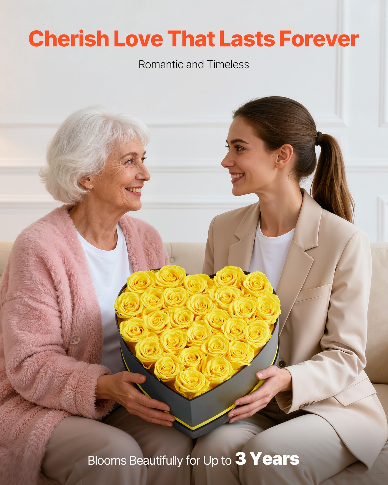 VEVOR Forever Flowers 27 Preserved Roses Heart Box Eternal Bouquet Yellow