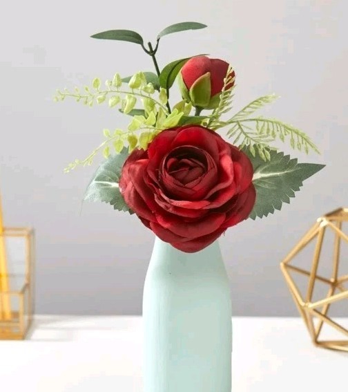 5 Pack -9in Red Open Rose With Bud Pick W/greenery Artificial Silk Flower