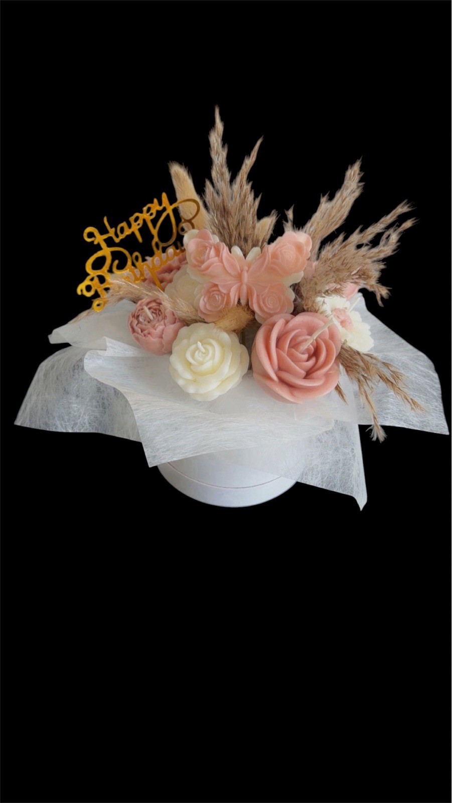 Candle Rose Hat Box Arrangement Centerpiece Pink White Beige Birthday Pick