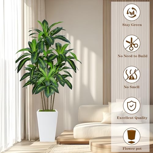 6FT Artificial Dracaena Tree, Fake Tree Indoor with White Tall White-6ft