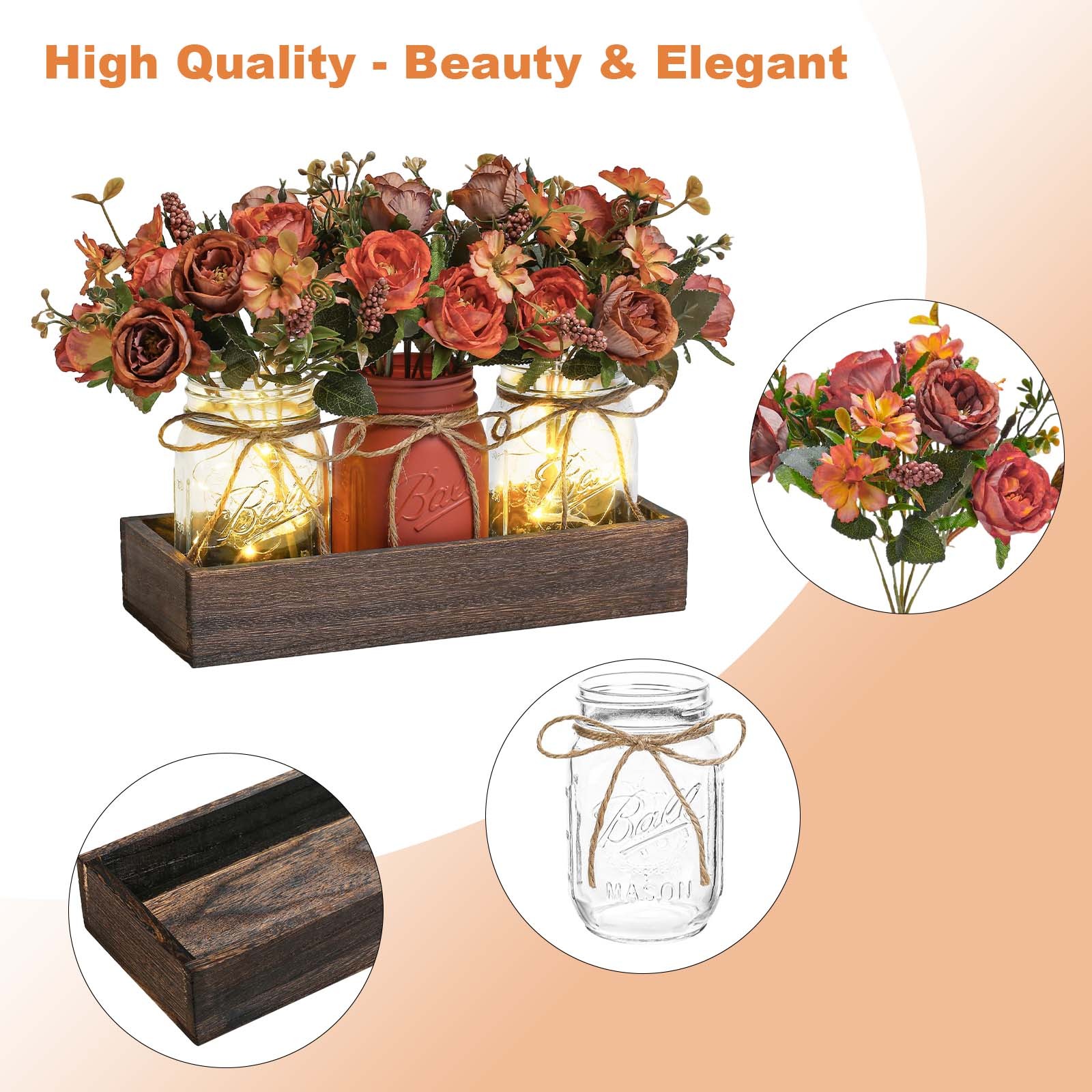 3-Piece Set Mason Jar with Artificial Flowers Rose Centerpiece Table Decoration