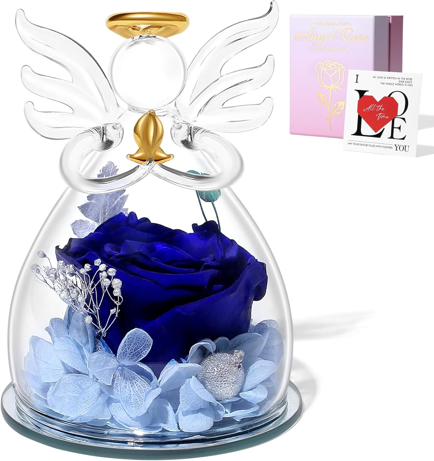 Blue Valentines Day Rose Gifts for Her, Preserved Rose in Glass Dome Angel Figur