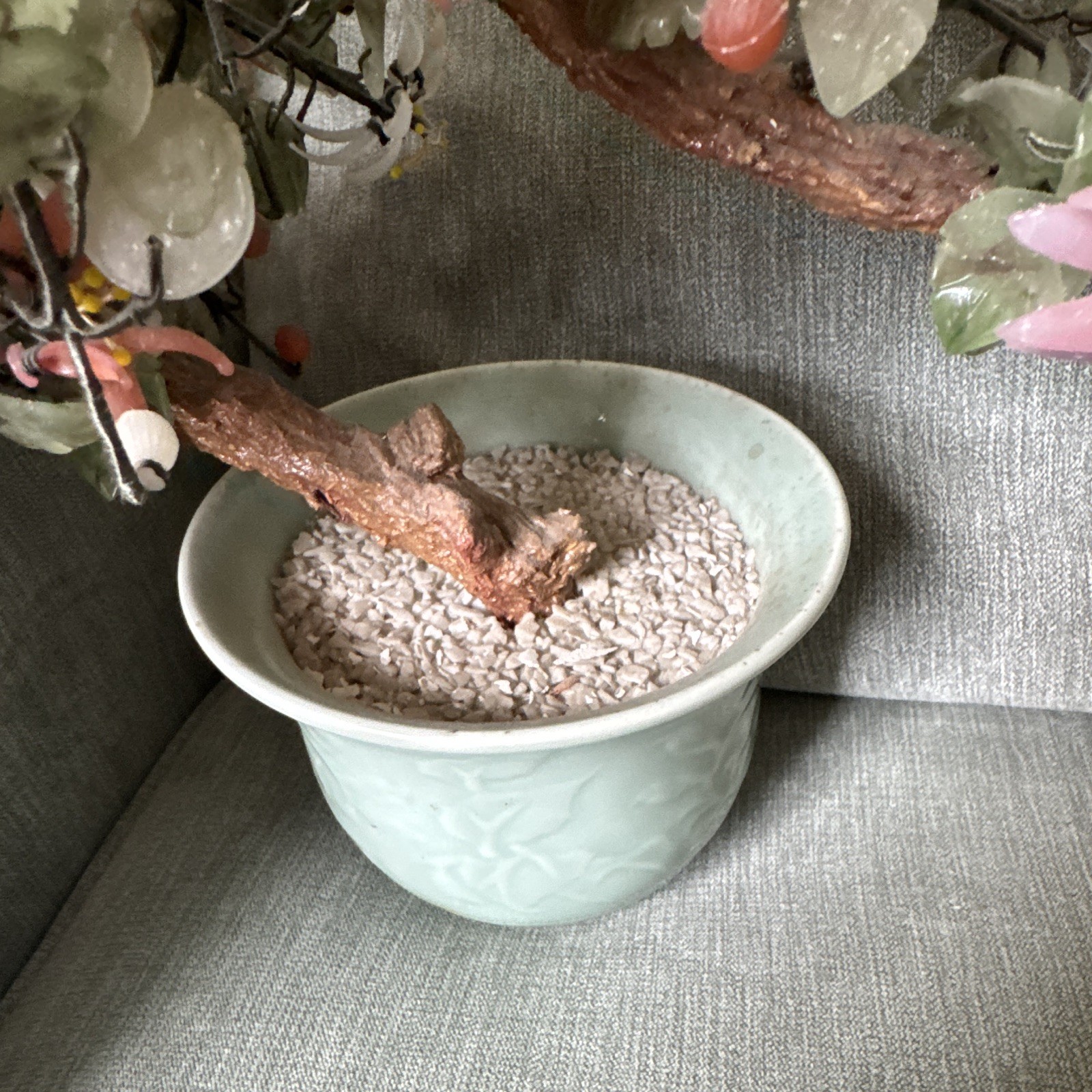 Vintage Jade Quartz Glass Cherry Blossom Bonsai Tree Celadon Pot