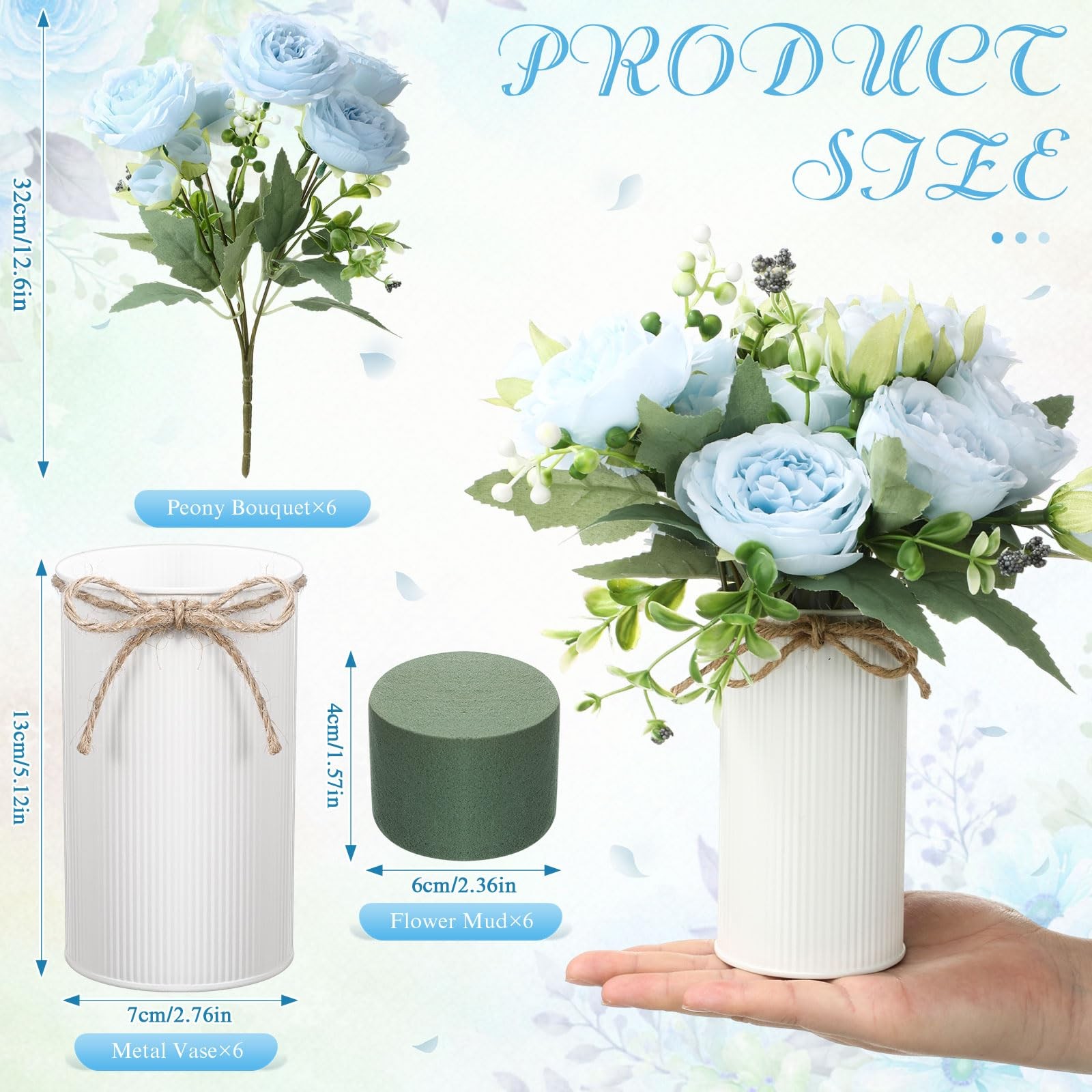 Light Blue Wedding Floral Centerpiece Artificial Peonies Bouquet 6 Sets