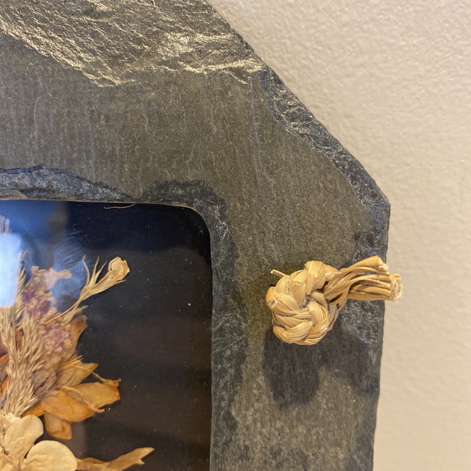 Vintage Pressed Flowers in Slate Frame Signed Moher Small Octagon Earth Elements