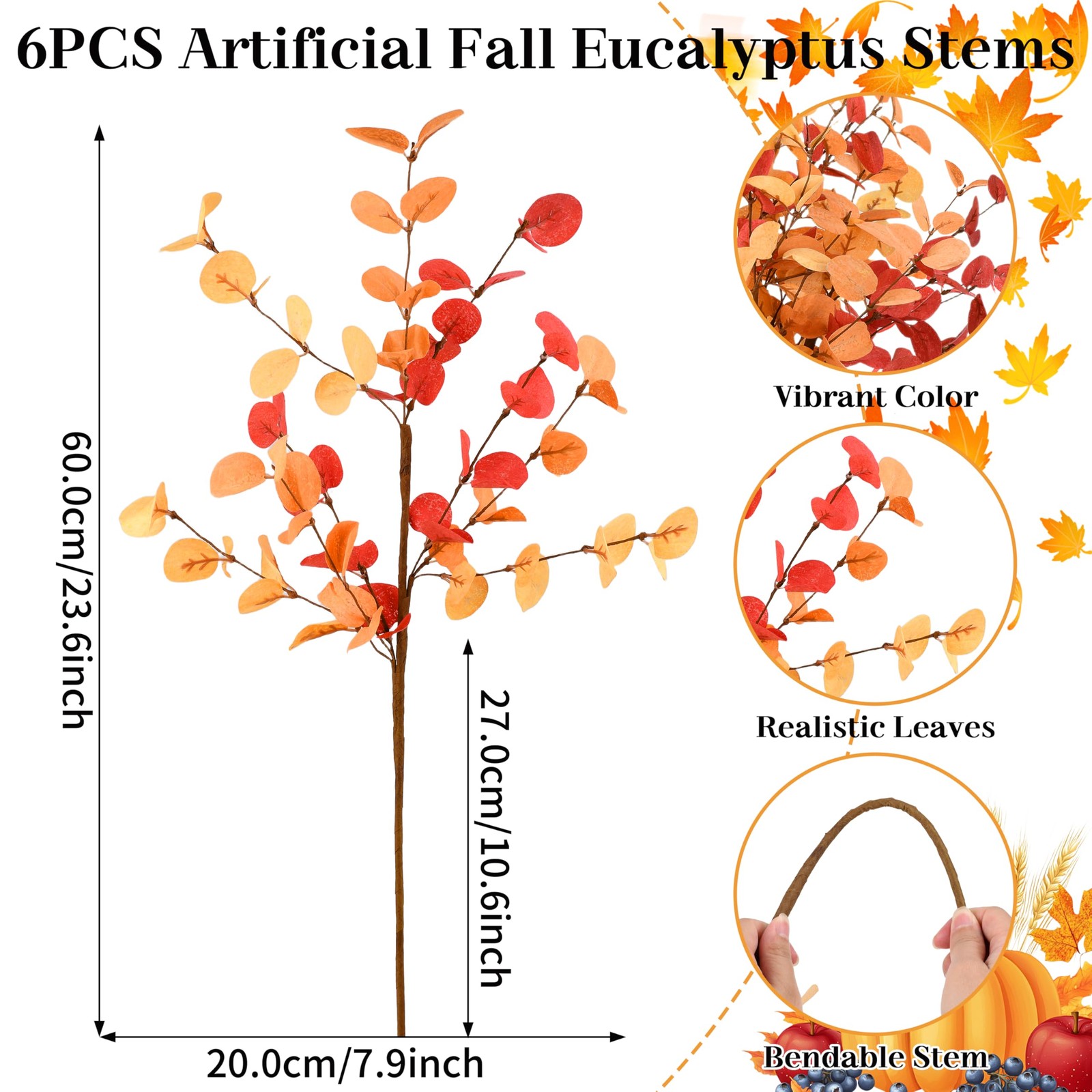 6Pcs 24 Inch Artificial Eucalyptus Fall Leaves, Fall Orange Eucalyptus Leaves…