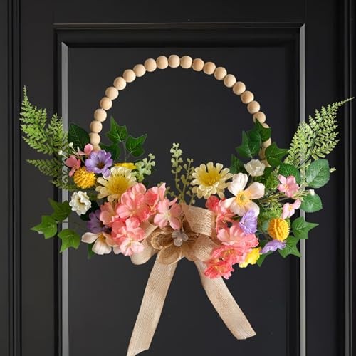 16 Inch Artificial Spring Wooden Bead Wreath with Flower Bow Summer Hydrangea
