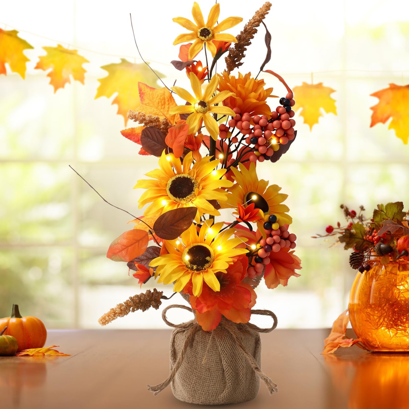 Fall Thanksgiving Centerpieces 16 Inch Lighted Tree Sunflowers Maple Leaves