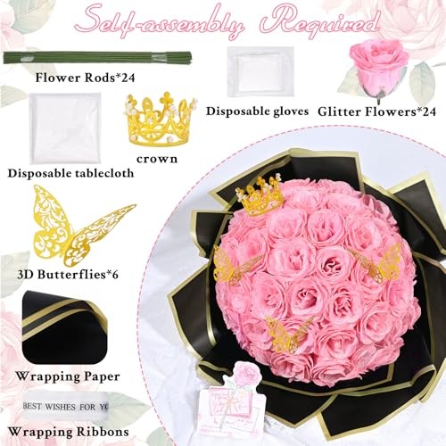 Glitter Roses Bouquet, DIY Fake Flowers Bouquet, Everlasting Shiny 24pcs Pink