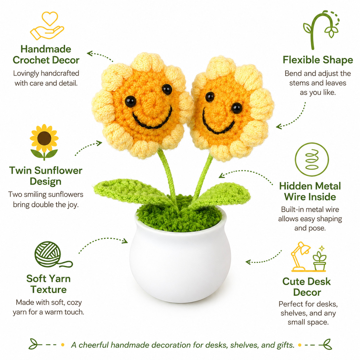 Twin Smiling Sunflower Crochet Mini Potted Desk Shelf Decor