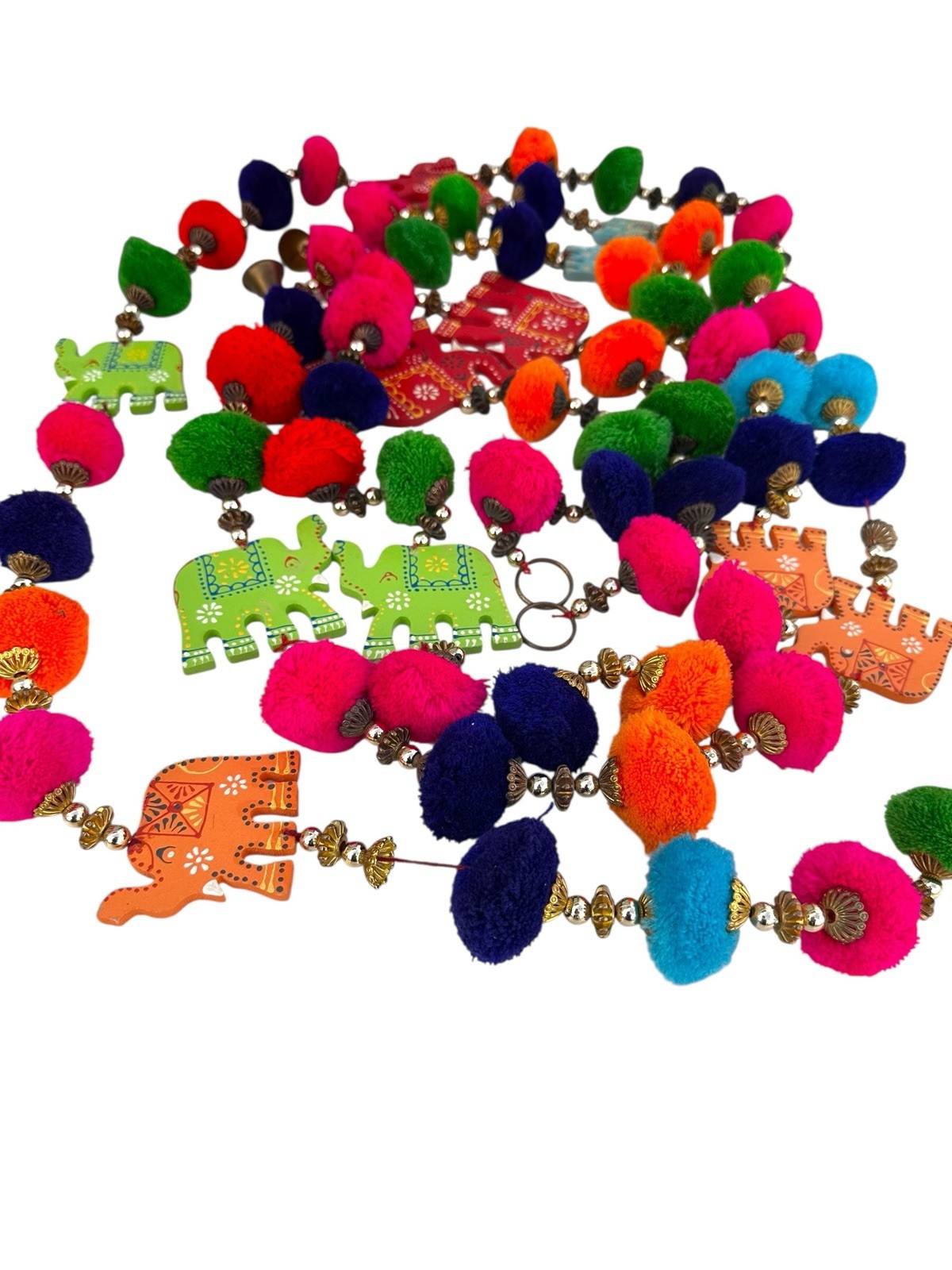 Elephant Garlands Pom Poms Wood Set of 3 Boho Indian Festival Diwali