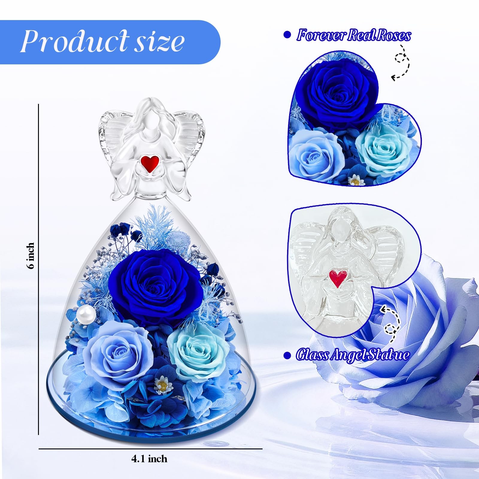 Preserved Flowers in Glass Angel Figurine with LED Light,Forever Real Roses P…