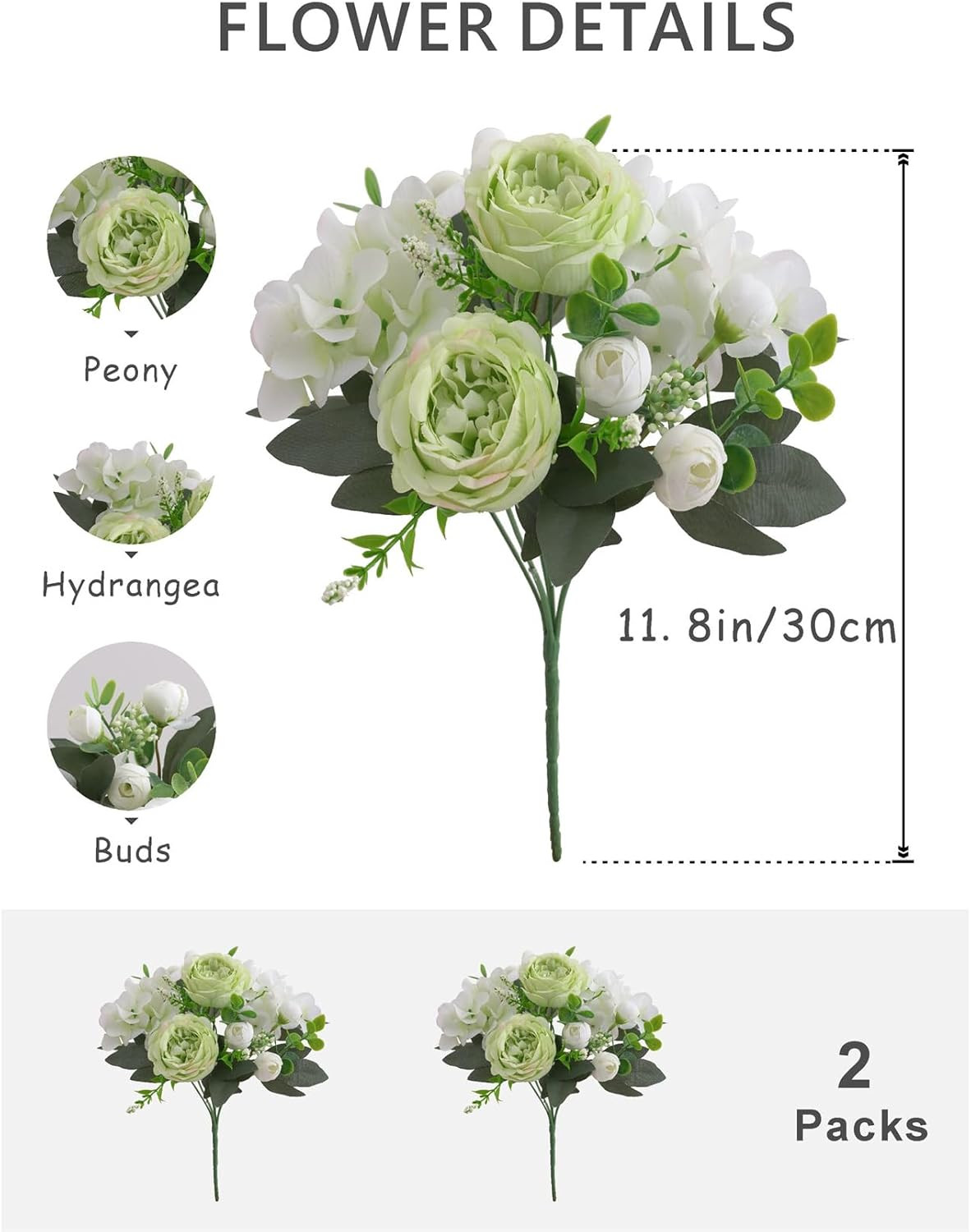 2 Bunches Green Peony Artificial Flowers for Decoration Faux Rose Fake Bouquet S