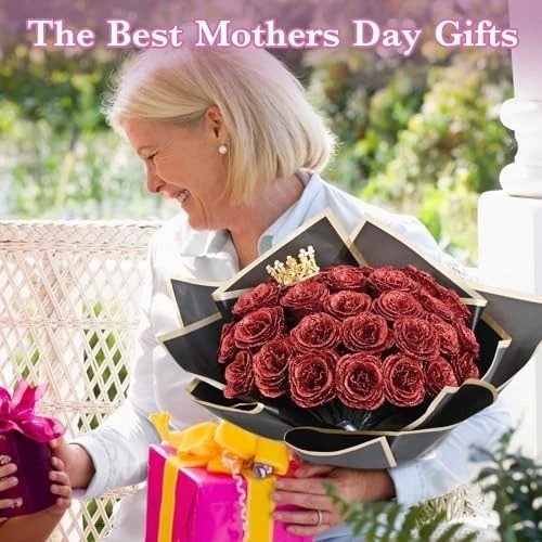 DIY Glitter Roses Bouquet 24 Pcs Red Artificial Silk Flowers for Birthday