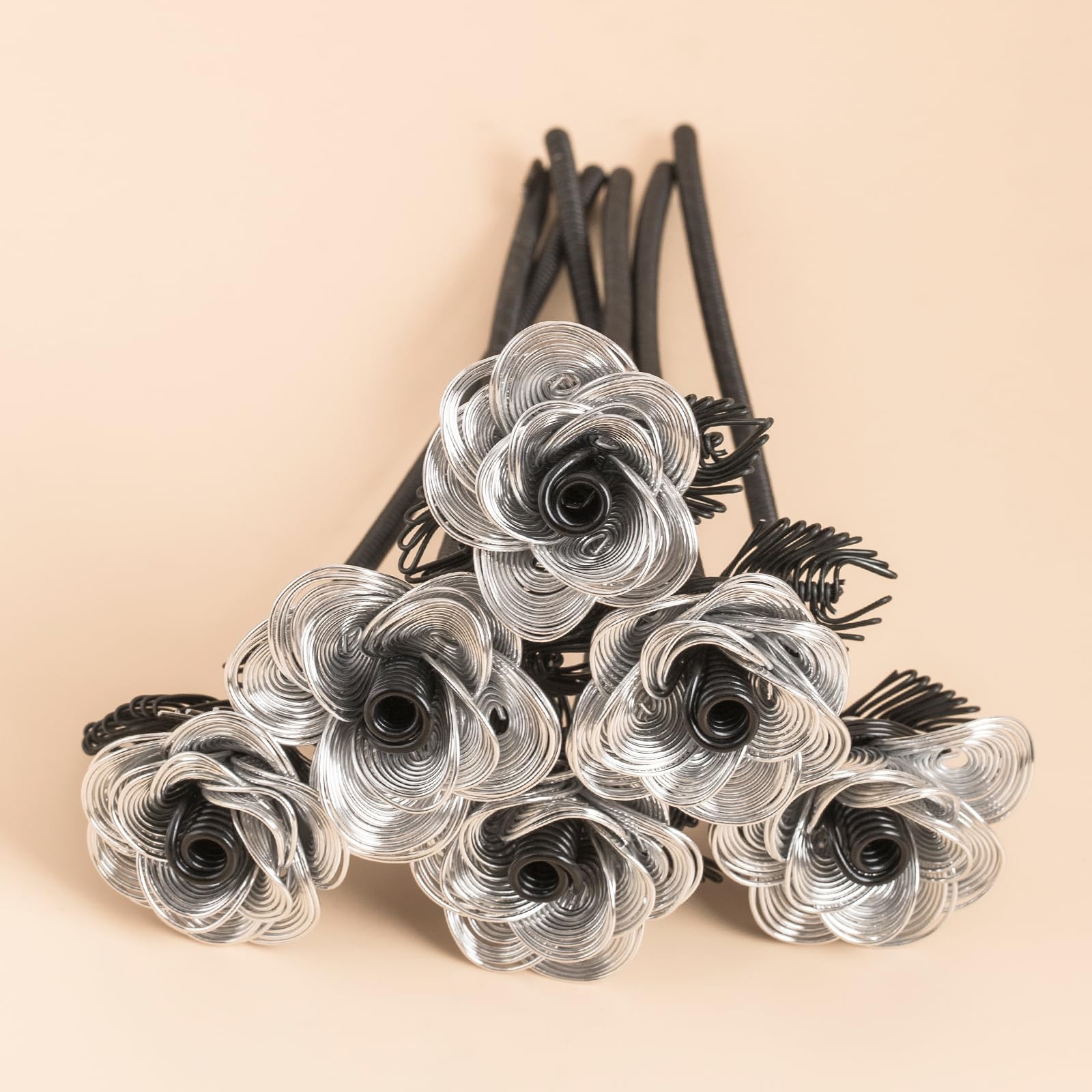 6 PCS Artificial Flowers Metal Bouquet Roses Silver Black Fake Rose Decor