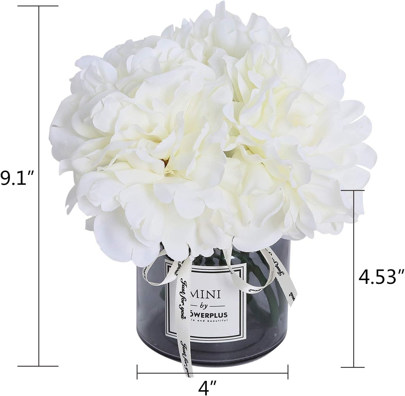Decoración de hortensias artificiales y jarrón de cristal, juego de botellas