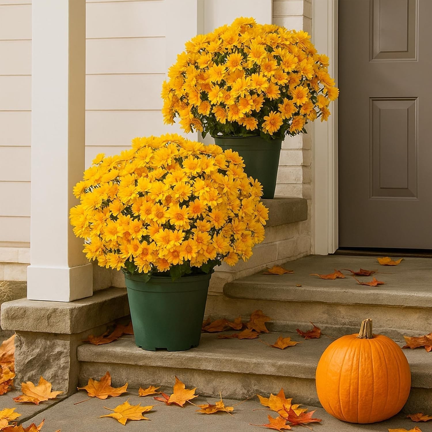 Durable Outdoor Decor – 5PCS Waterproof Yellow Mums with Eucalyptus Leaves