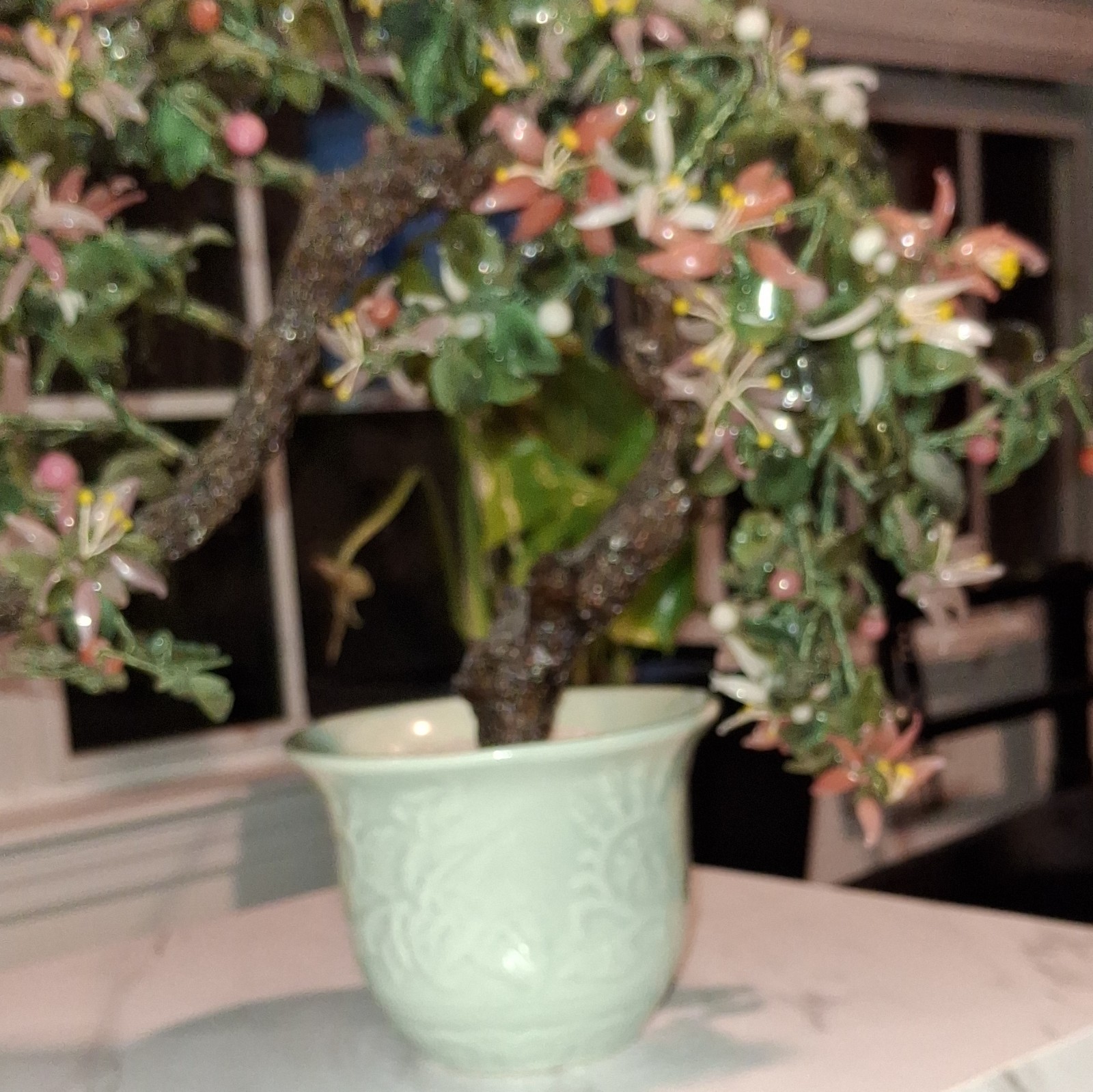 Vintage XLarge Chinese Jade Quartz Bonsai Tree Celadon 19×36” CHERRY Blossoms.