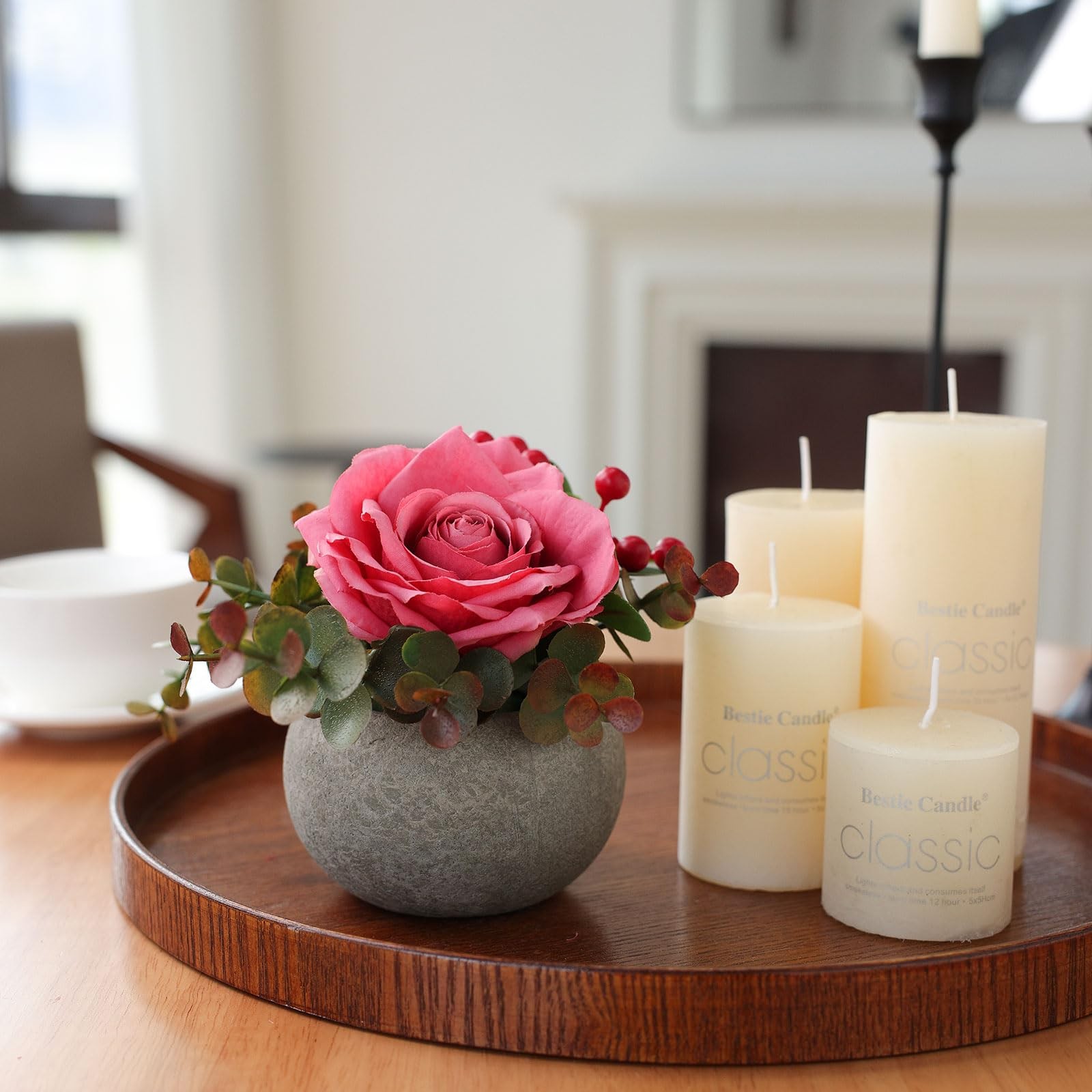 Pink DIY Small Artificial Flowers Potted Kit Realistic Silk Rose Vase Desk