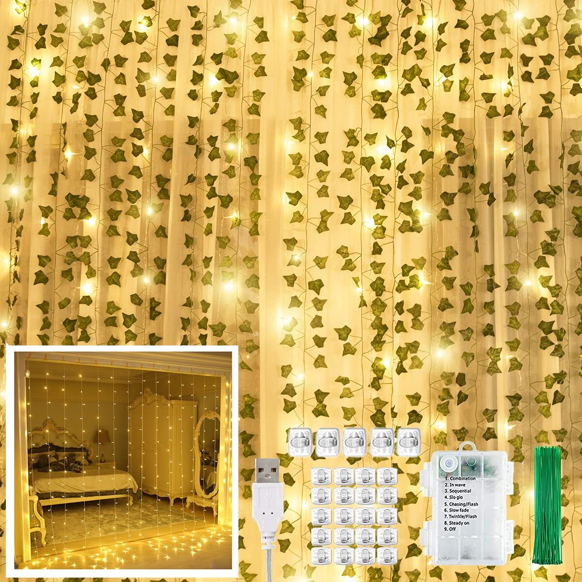 12 Pack Artificial Ivy Leaf Plants with 240 LED Window Curtain String Lights,…