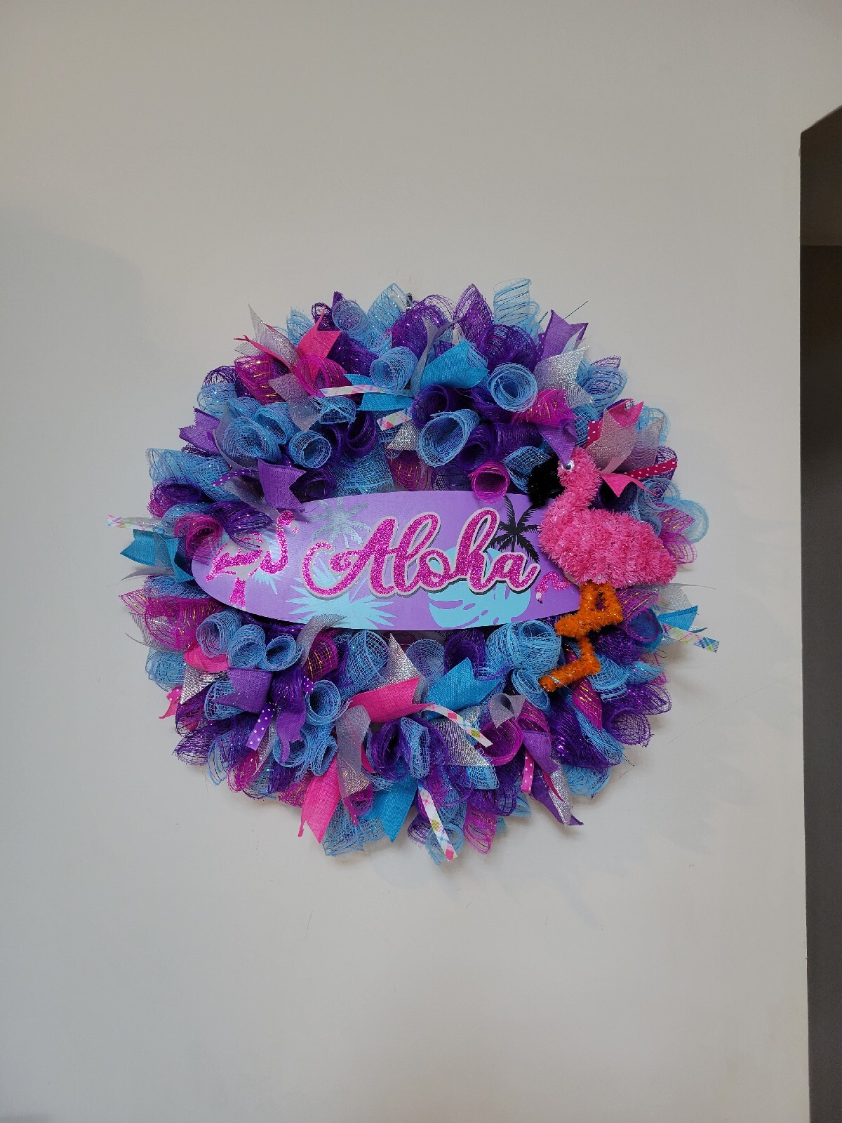 ALOHA Summer Spring Mesh Front Door Wreath Wall Decor BRIGHT Purple Pink Blue