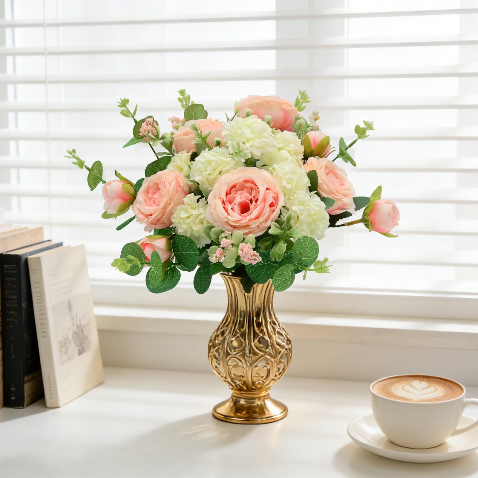 Artificial Flowers Bouquet, Pink Silk Peonies Chrysanthemum Mixed Bouquet wit…