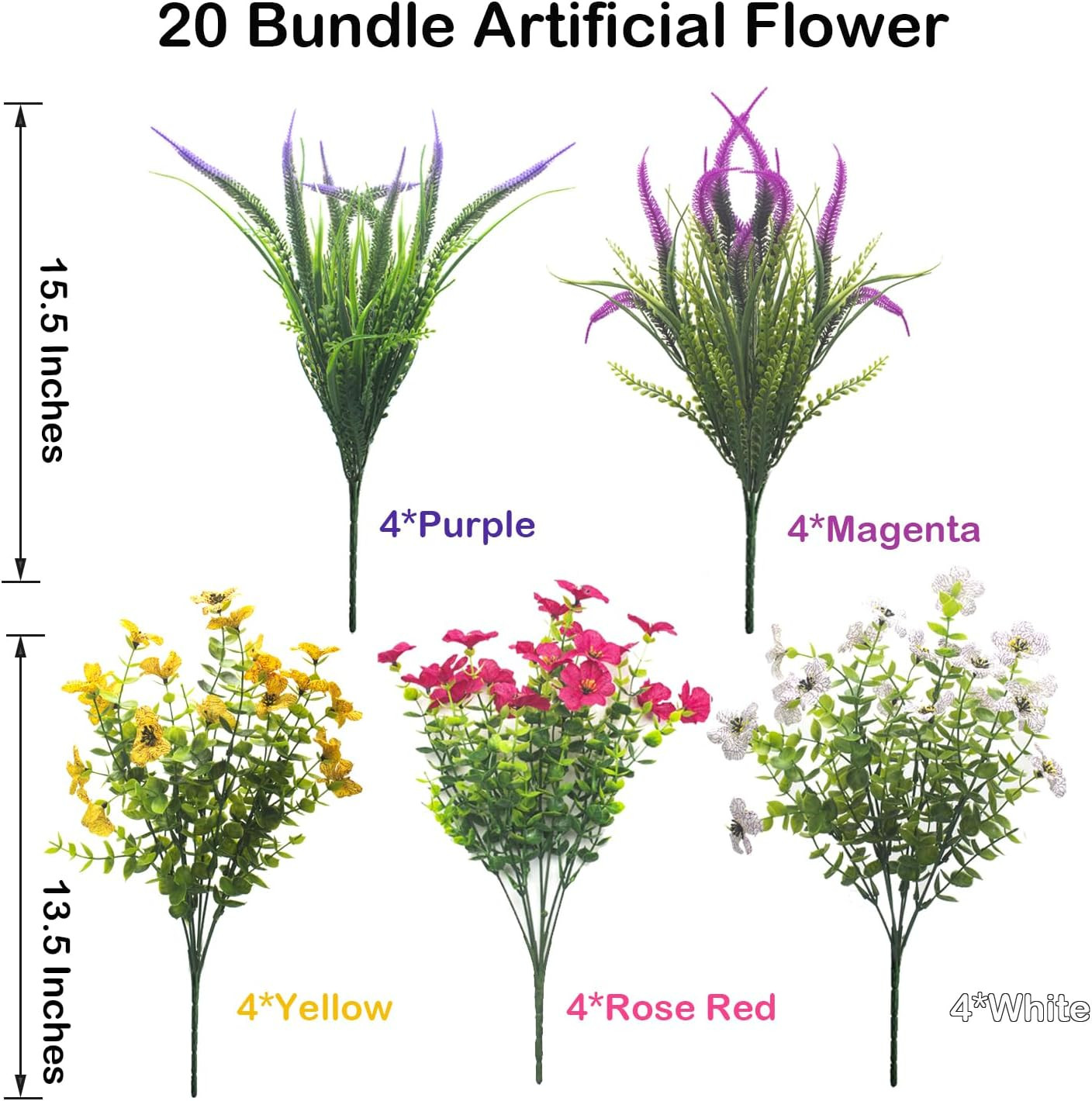 20 Packs Artificial Flowers Outdoor UV Resistant Fake Plants for Garden Patio De