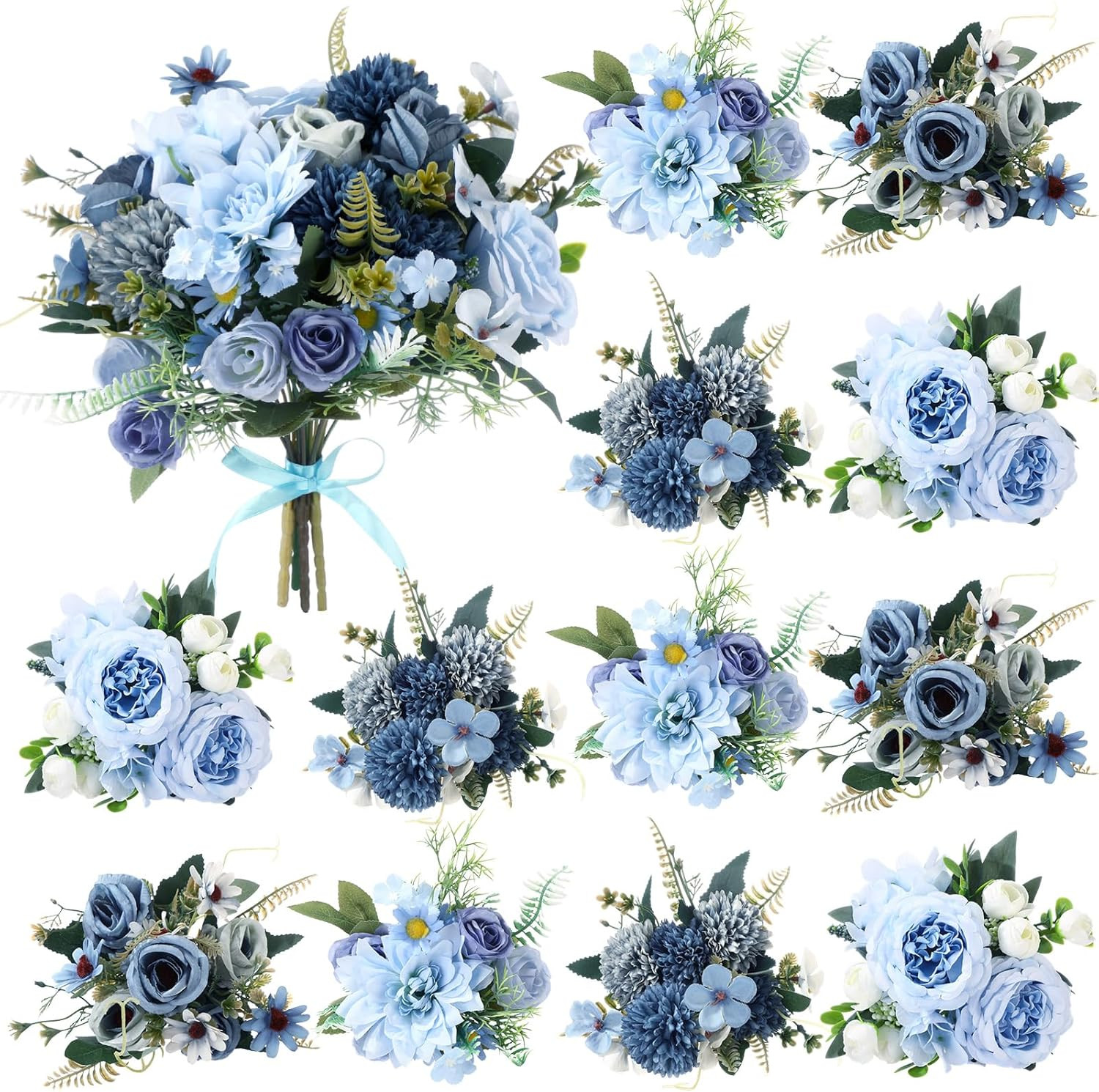 8 Pcs Blue Gradient Artificial Flower Bouquet for Home Wedding Centerpieces