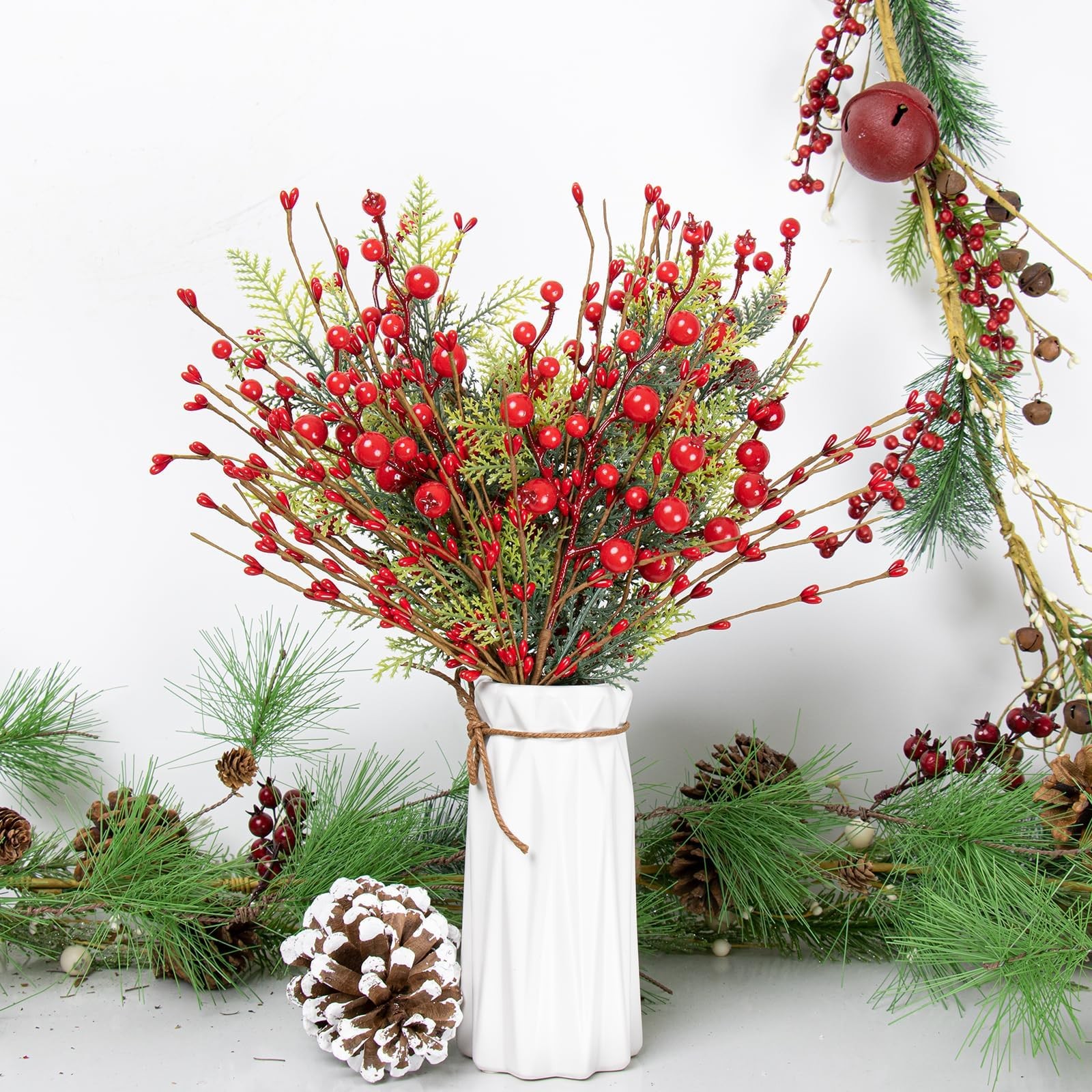 6 PCS Christmas Floral Red Berry Picks 17 Inch Holly Berries Tree Decoration