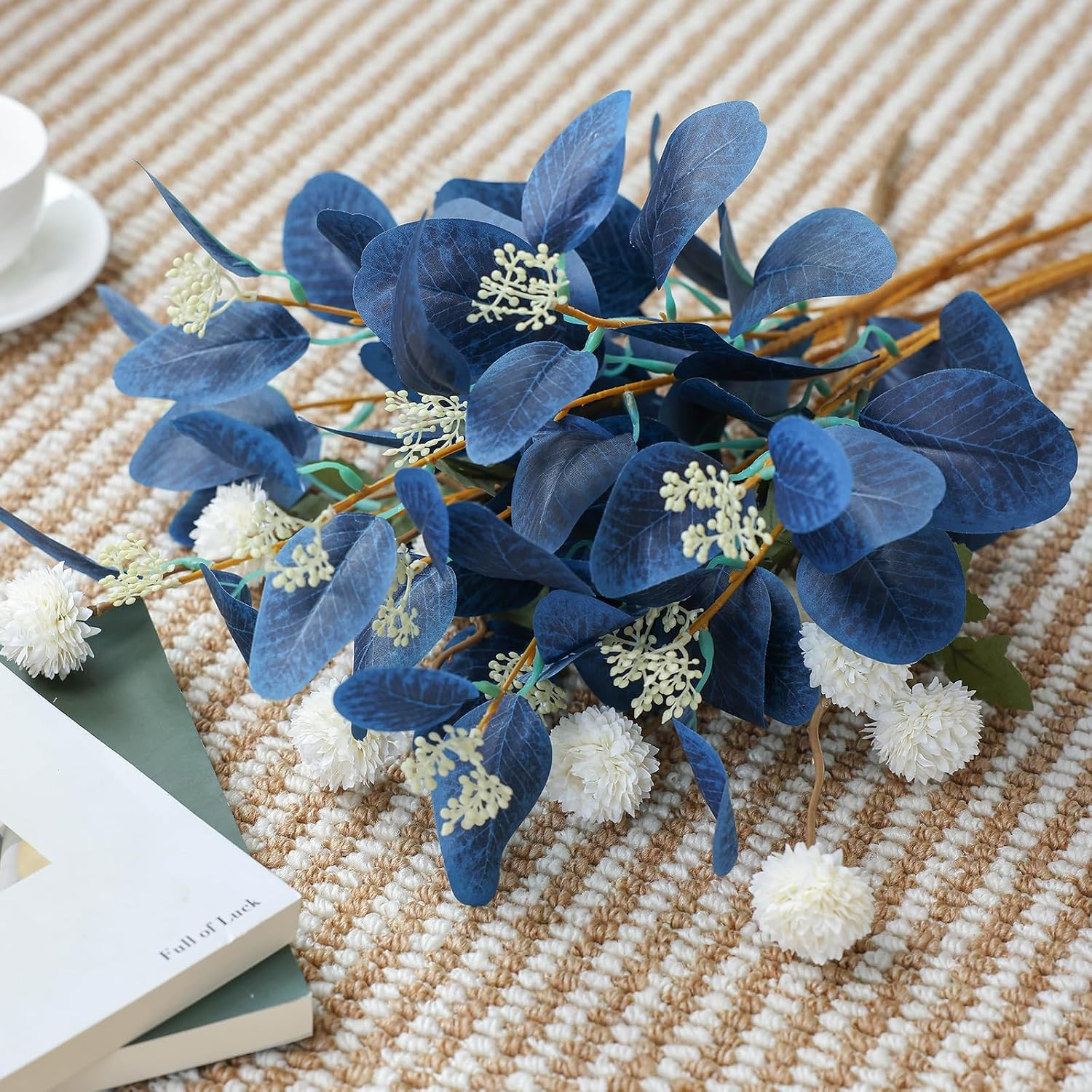 Blue Eucalyptus & Beige Silk Mums – 15Pcs Faux Floral Arrangement for Decor