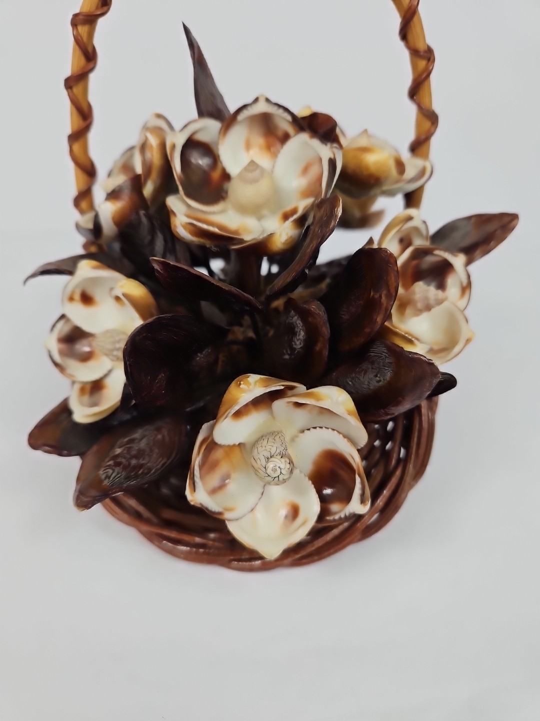 Seashell Art Floral Arrangement In Basket BOHO Vintage handmade decor 6 1/2″tall