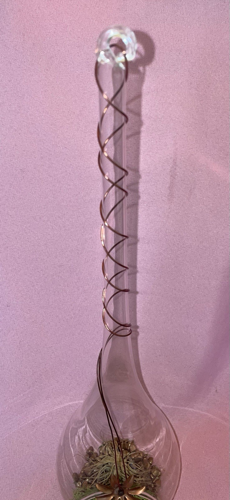 16” Blown Glass Teardrop Hanging Globe Terrarium Copper Flower Accent