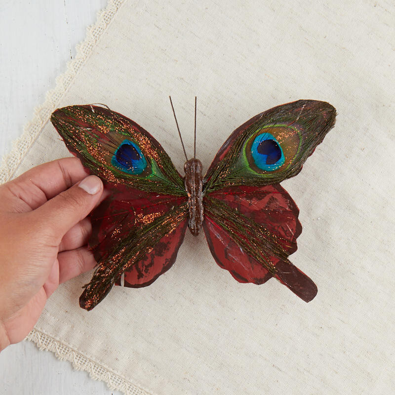 Set of 2 Brown Glittered Peacock Feathered 6-3/4″ Artificial Butterflies