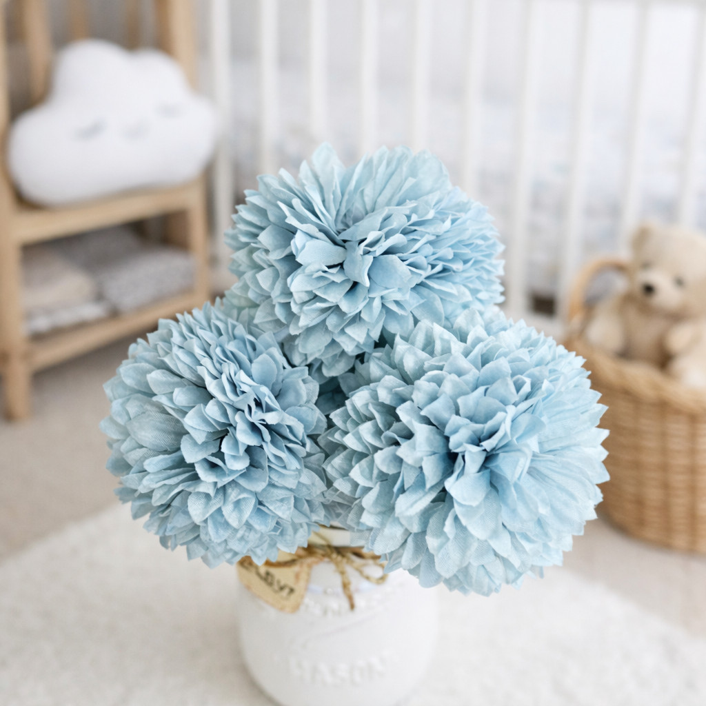 Blue Dahlia Flower Mason Jar Arrangement Baby Shower Centerpiece Nursery Decor