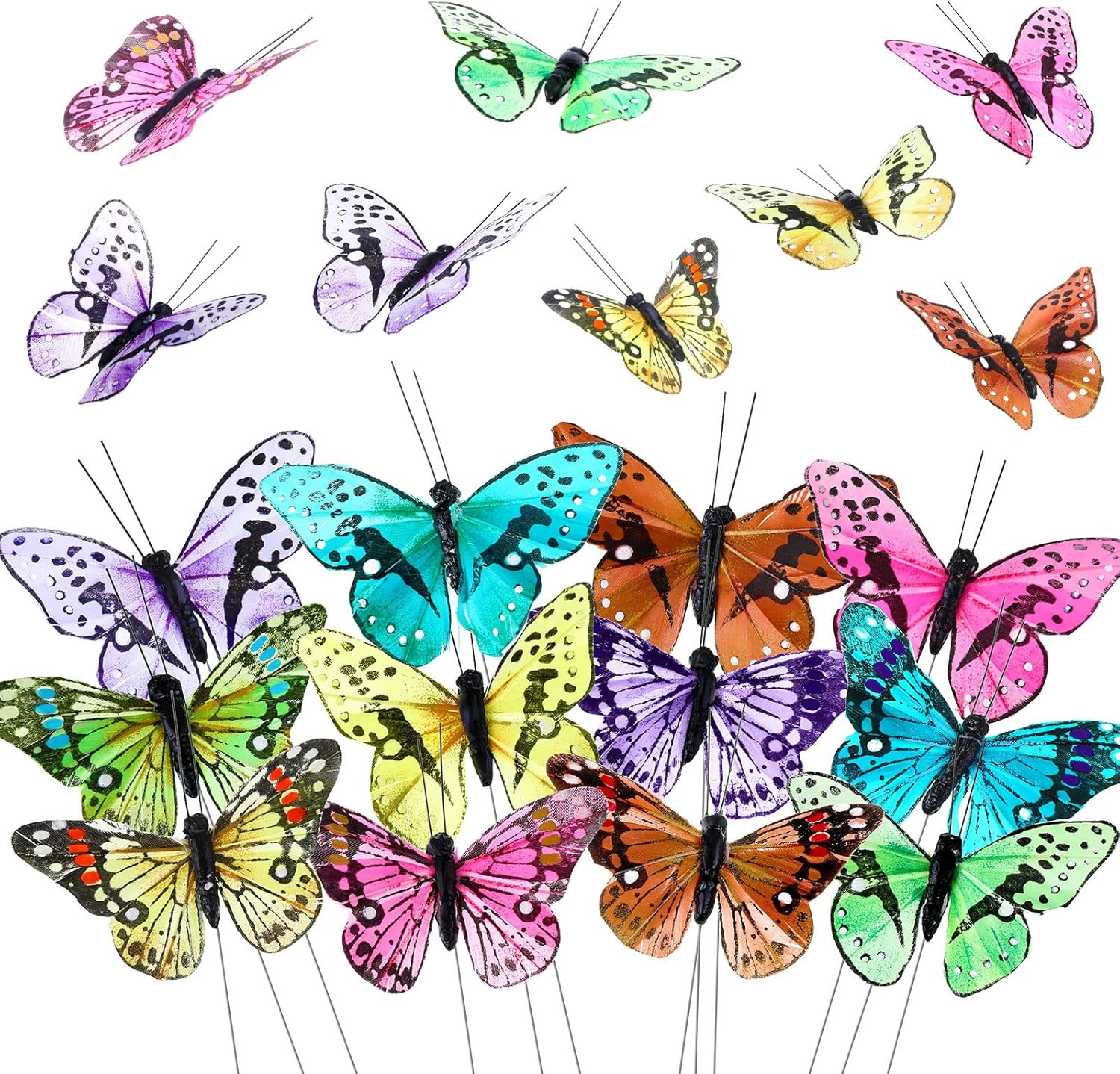 12 Set Monarch Butterfly Decoration Artificial Butterflies Feather Picks with Wi