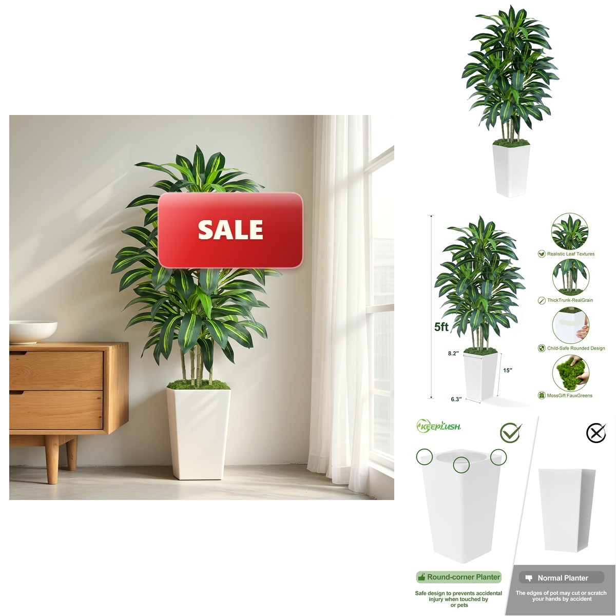 Keeplush 5FT Artificial Dracaena Tree – High-Density Foliage Fake Plant White