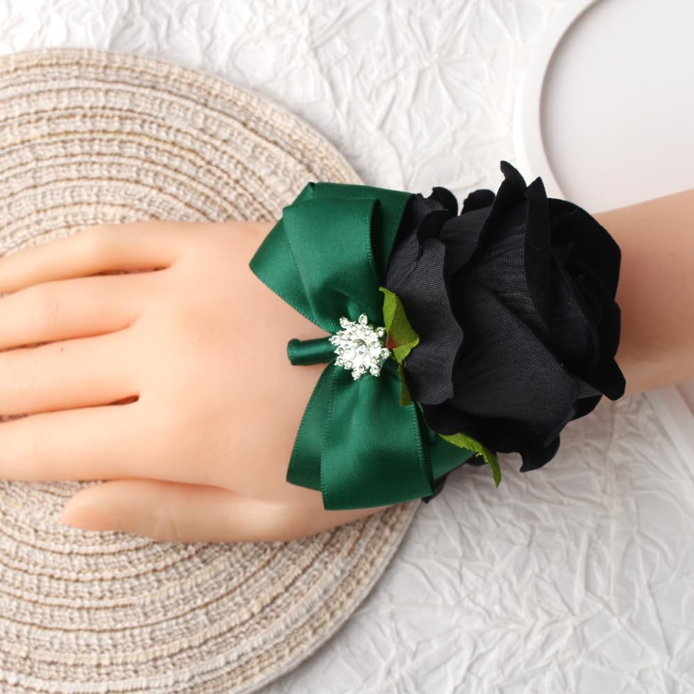 Black Rose Wrist Corsage and Boutonniere Set for Weddings and Events