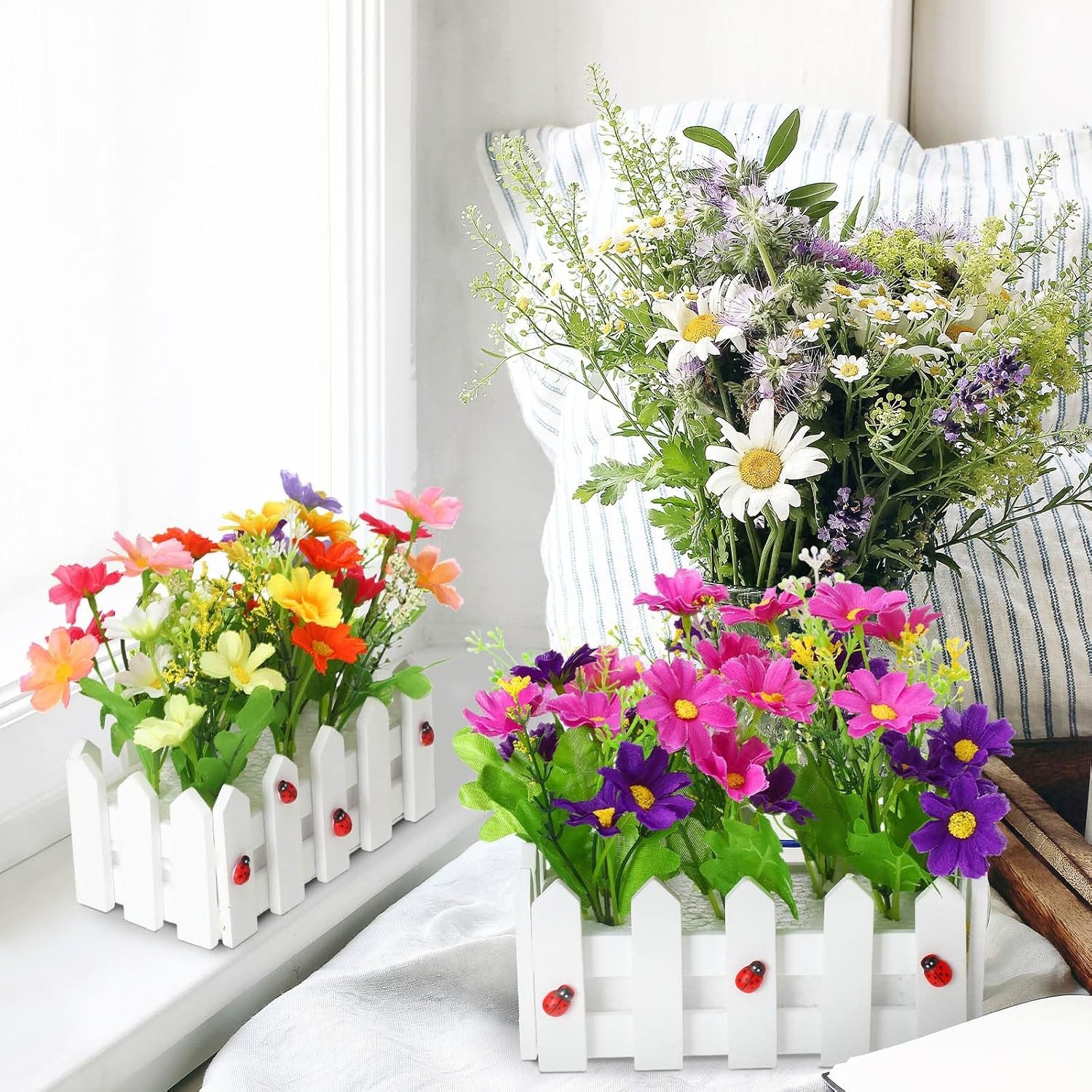 Jexine Artificial Flower Plants Potted in Picket Fence (6.3 Inch, 24 Pcs)