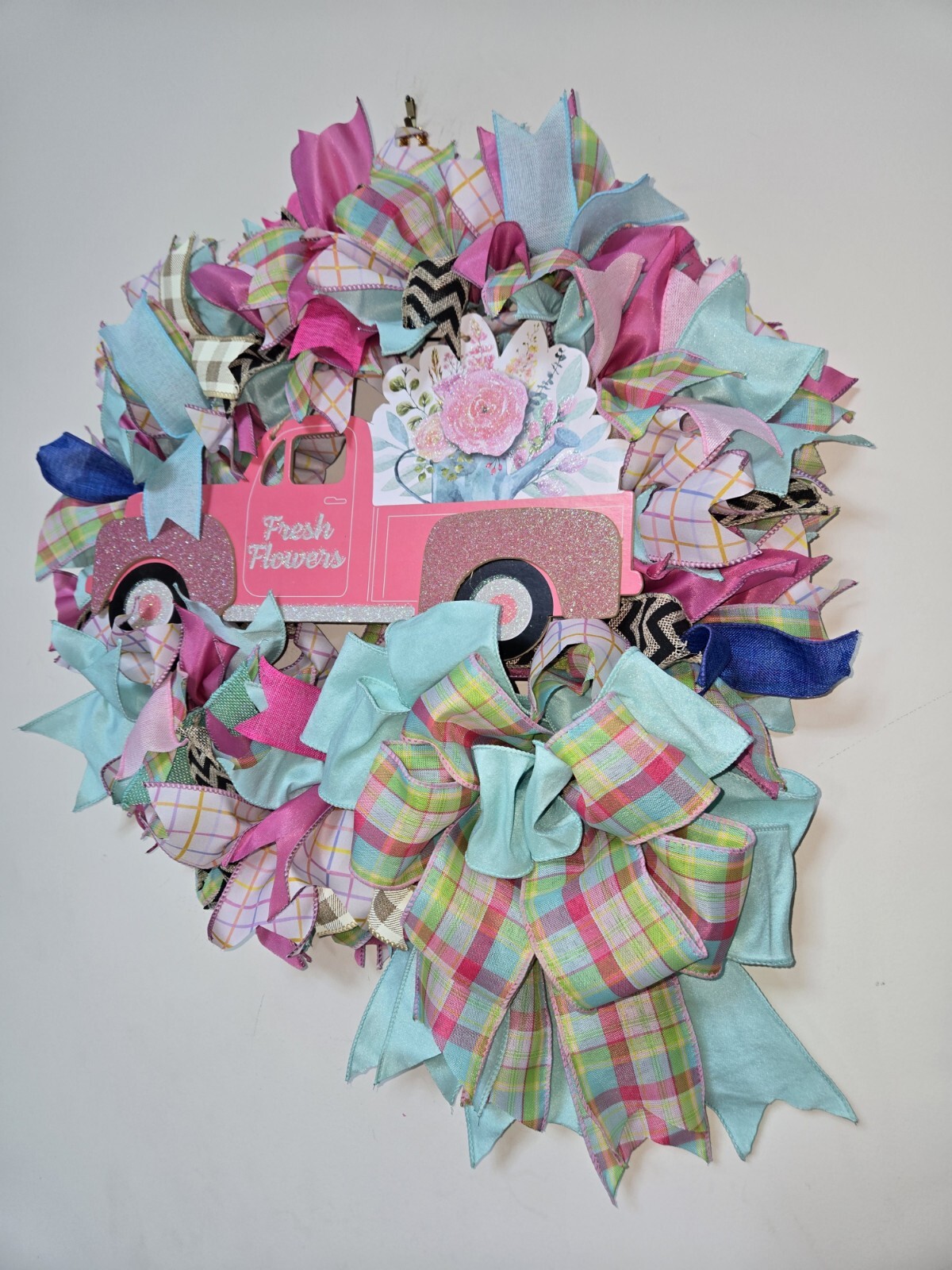 FRESH FLOWERS pink Truck WREATH Spring SUMMER Fall Front Door Wall Decor BIG BOW